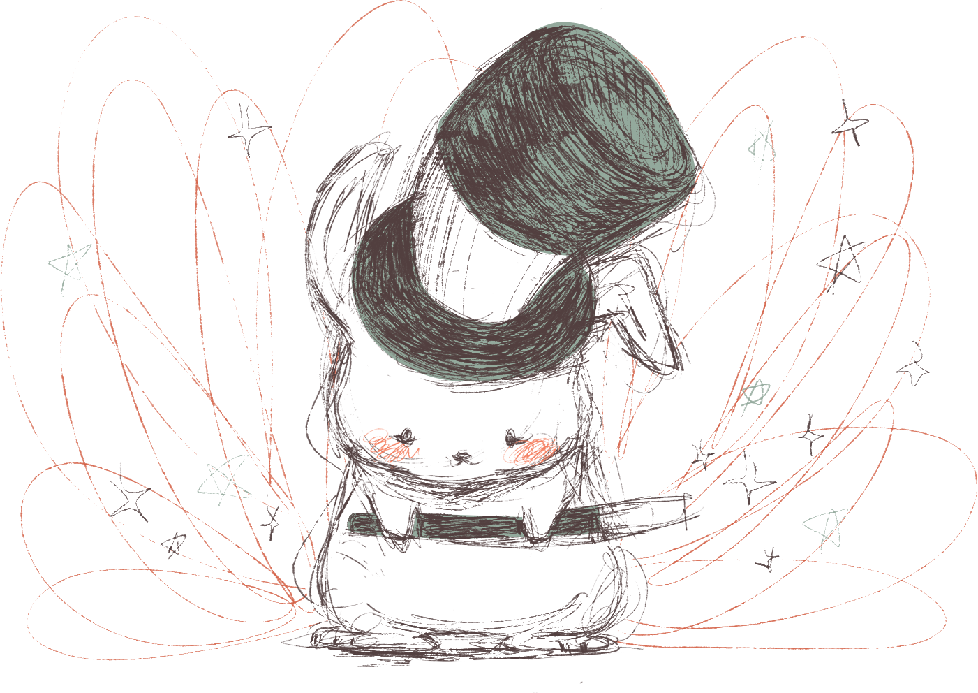 A hand-drawn illustration of the HueGig rabbit mascot wearing an oversized dark green top hat, surrounded by scattered stars on a warm terracotta background.